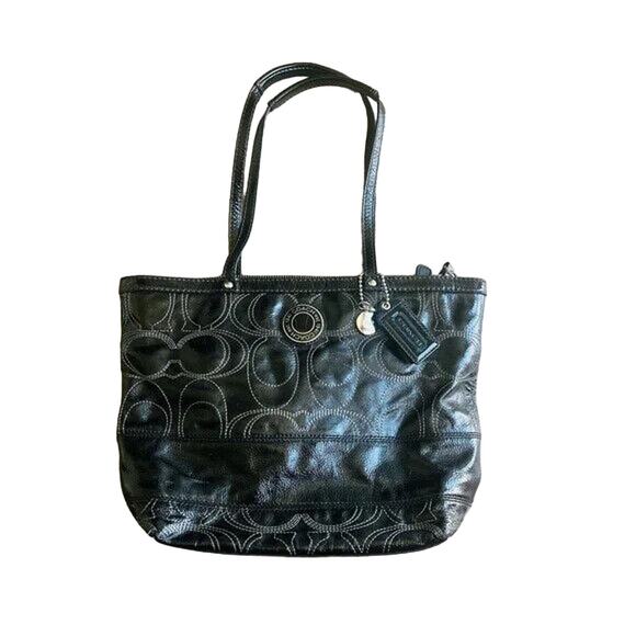 Coach Signature Stitch C Black Patent Leather Tote Bag, F19198 - Picture 1 of 10